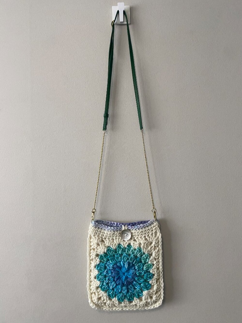 Handmade Crochet White Purple Blue Acrylic Cotton Faux Leather Crossbody Bag